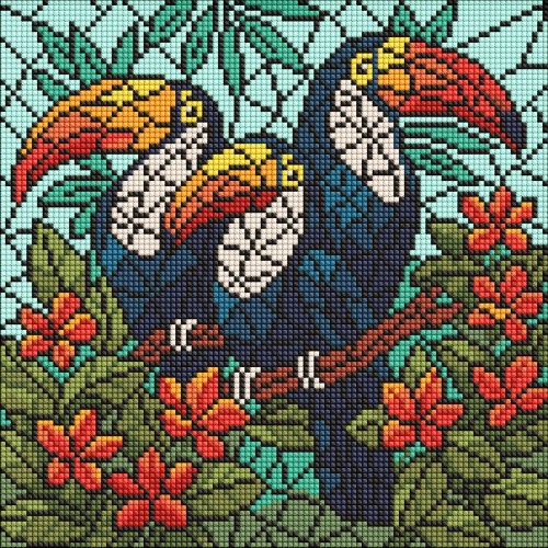 Алмазна мозаїка "Вітраж. Тріо туканів" 30х30см, термопакет, ТМ Ідейка